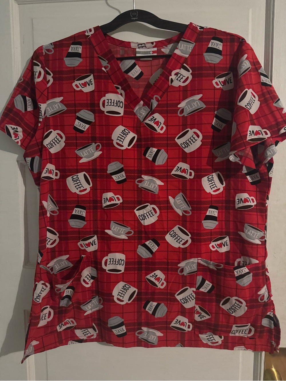 White Cross Red Plaid Coffee Print V-Neck Scrub Top